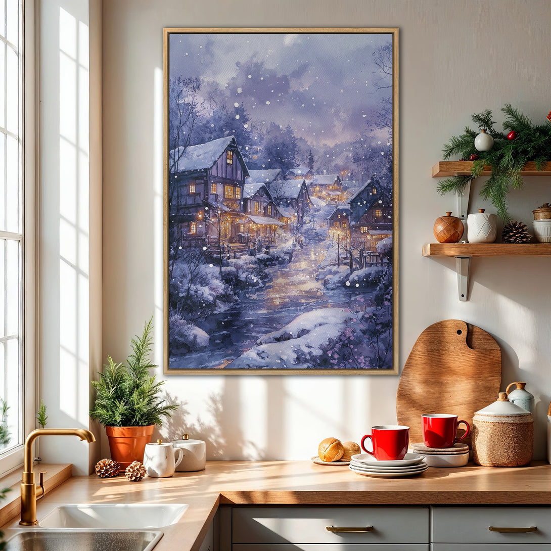 Framed Wall Art: Winter village scene in watercolor style. Features snowy landscape with houses, warm lights, and a cool purple and blue color palette. Perfect for cozy decor.