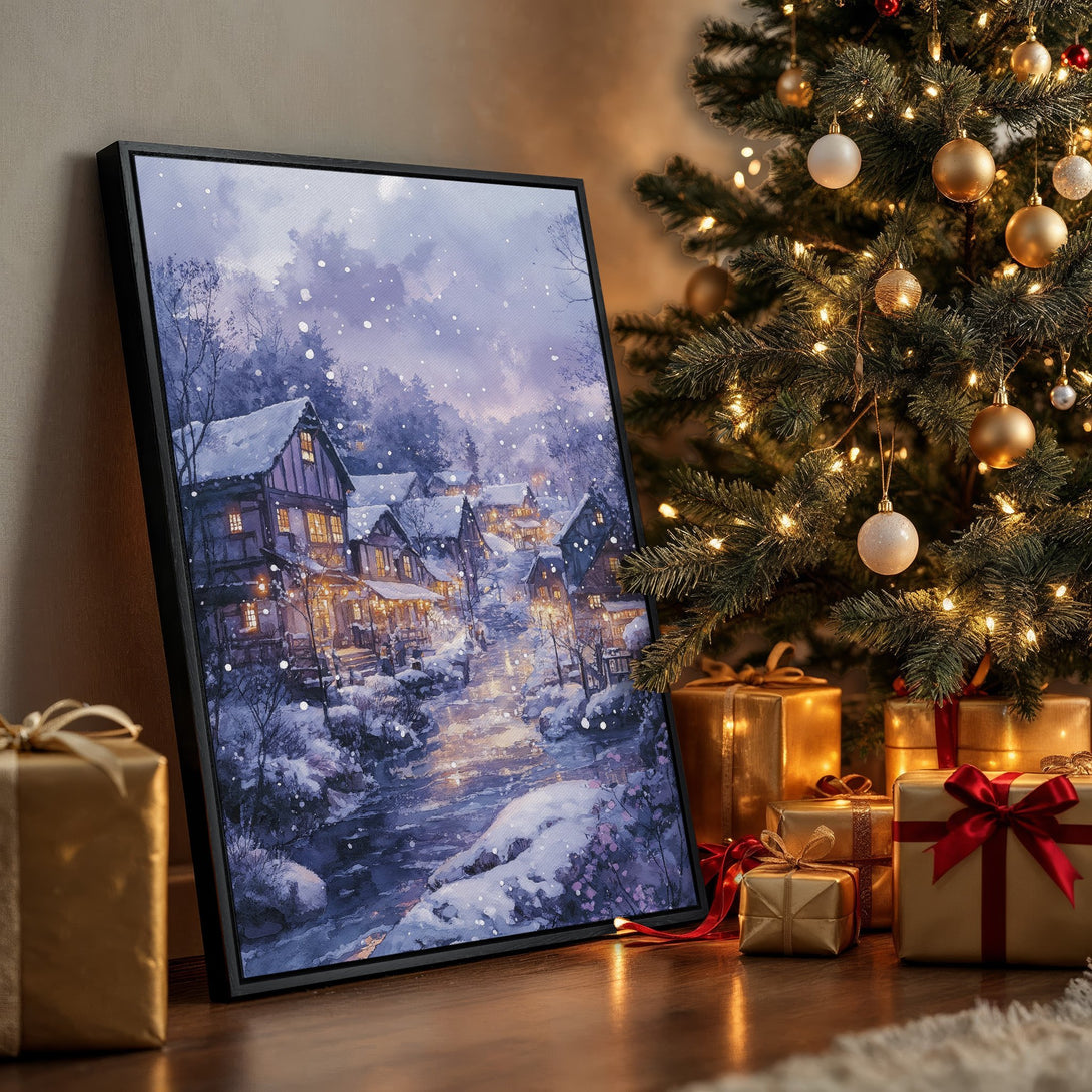 Framed Wall Art: Winter village scene in watercolor style, featuring snow and warm lighting. Beautiful blue and purple color palette, perfect for holiday decor.