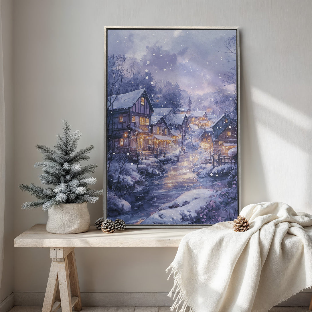 Framed Wall Art: Winter village scene in watercolor style. Snowy landscape with a cool blue and purple color palette. Perfect for cozy home decor.