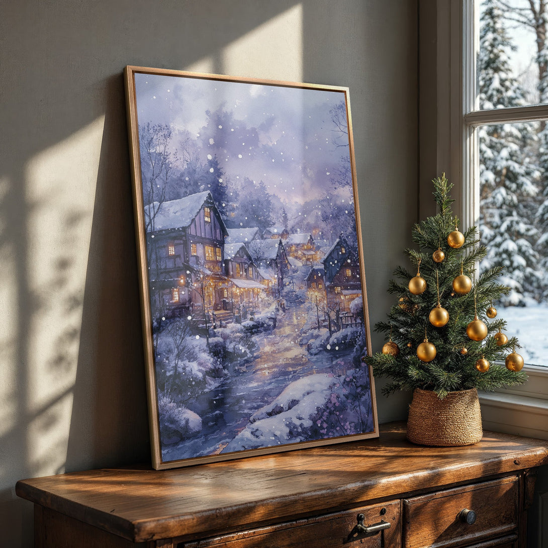 Framed Wall Art: Winter village scene in watercolor style, featuring a snowy landscape with a cool blue and purple palette, perfect for cozy home decor.