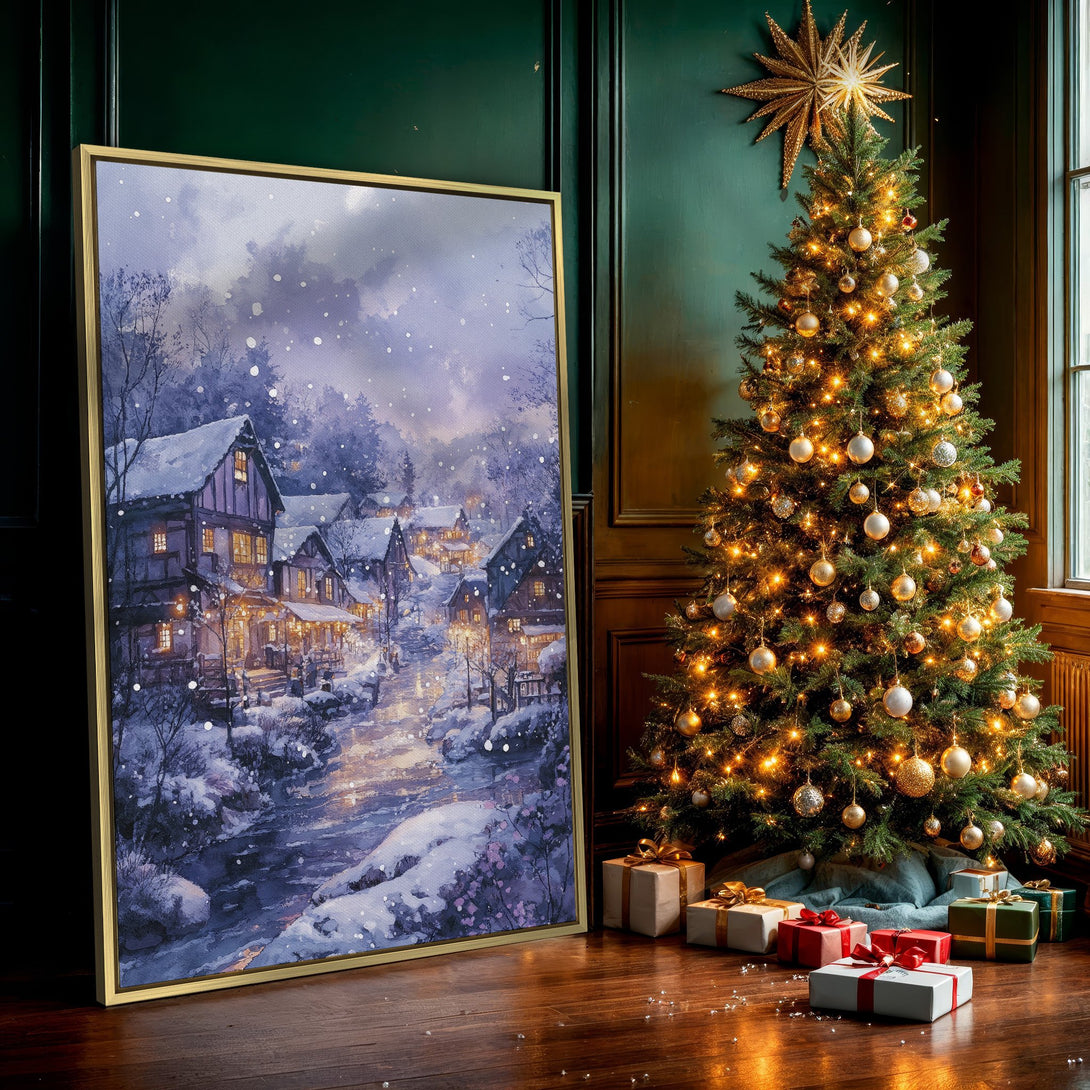 Canvas Print of a serene winter village scene in watercolor style. Features a snowy landscape with a cool blue and purple color palette, perfect for cozy decor.