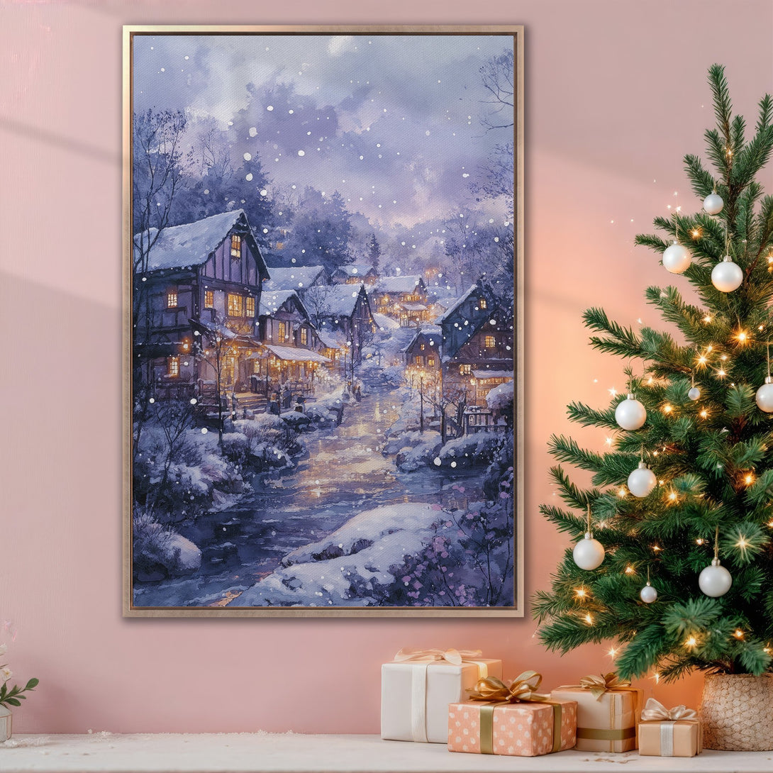 Framed Wall Art: Winter village scene in watercolor style. Evokes cozy vibes with a blue and purple color palette, perfect for holiday decor.