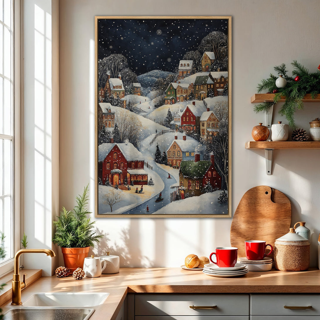 Framed Wall Art: Winter village scene in a cozy kitchen. Featuring a snowy landscape with red, green, and warm tones. Perfect for holiday decor.
