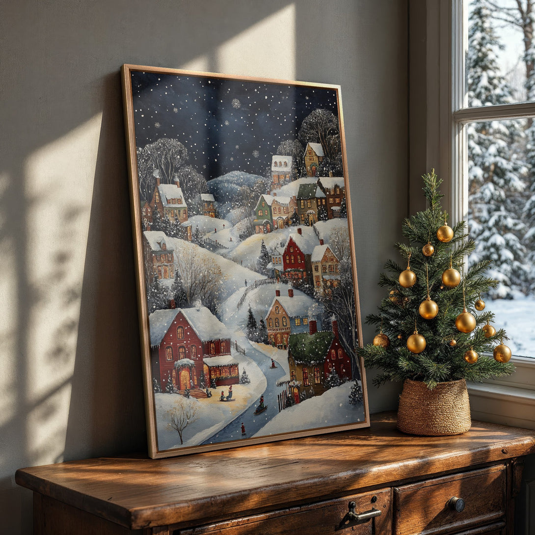 Framed Wall Art: Winter village scene in a cozy interior. Featuring a charming, painterly style with a warm, inviting color palette of reds, blues, and whites.