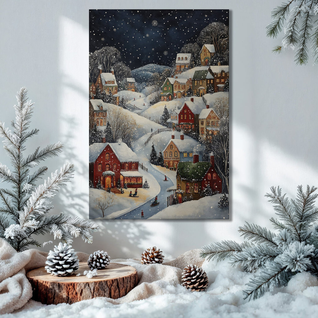 Framed Wall Art: Winter village scene canvas print with warm, inviting colors. Perfect holiday decor.