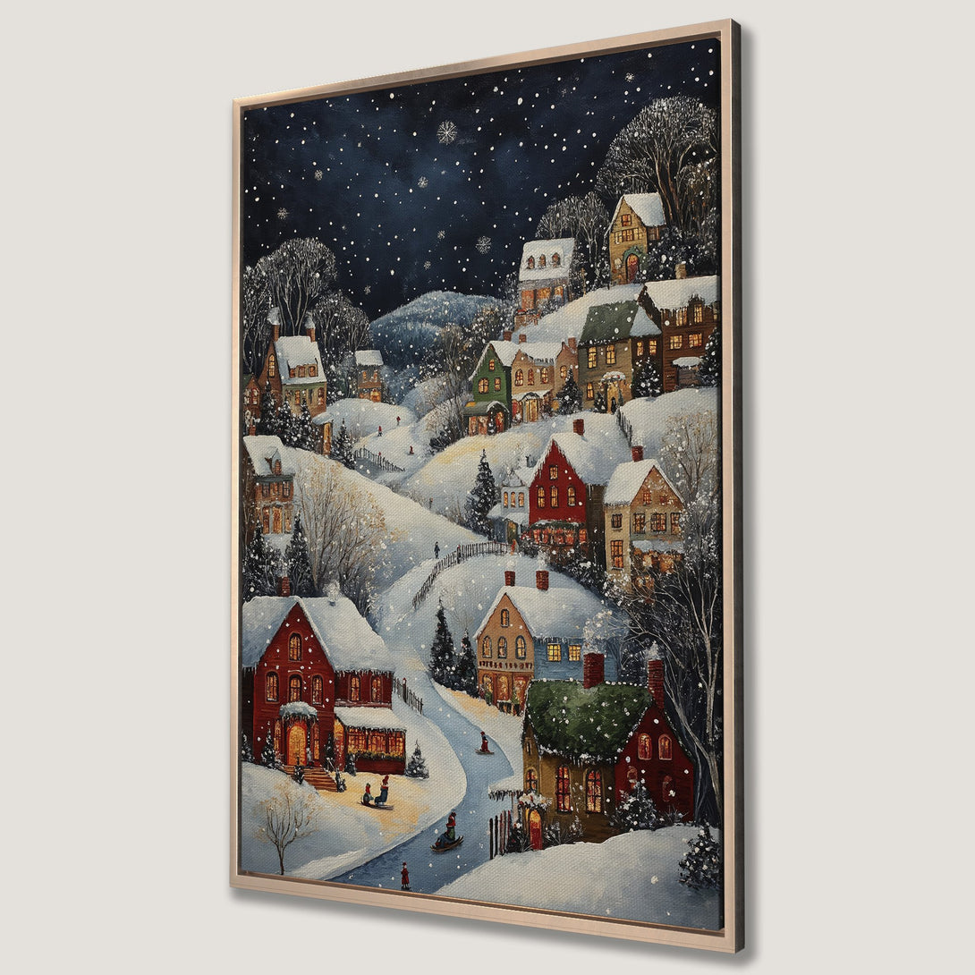 Framed Wall Art: Winter village scene in a cozy, folk art style. Featuring a snowy landscape with warm, inviting homes. Beautiful blue, white, and red color palette.
