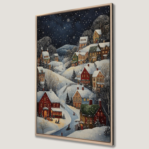 Framed Wall Art: Winter village scene in a cozy, folk art style. Featuring a snowy landscape with warm, inviting homes. Beautiful blue, white, and red color palette.