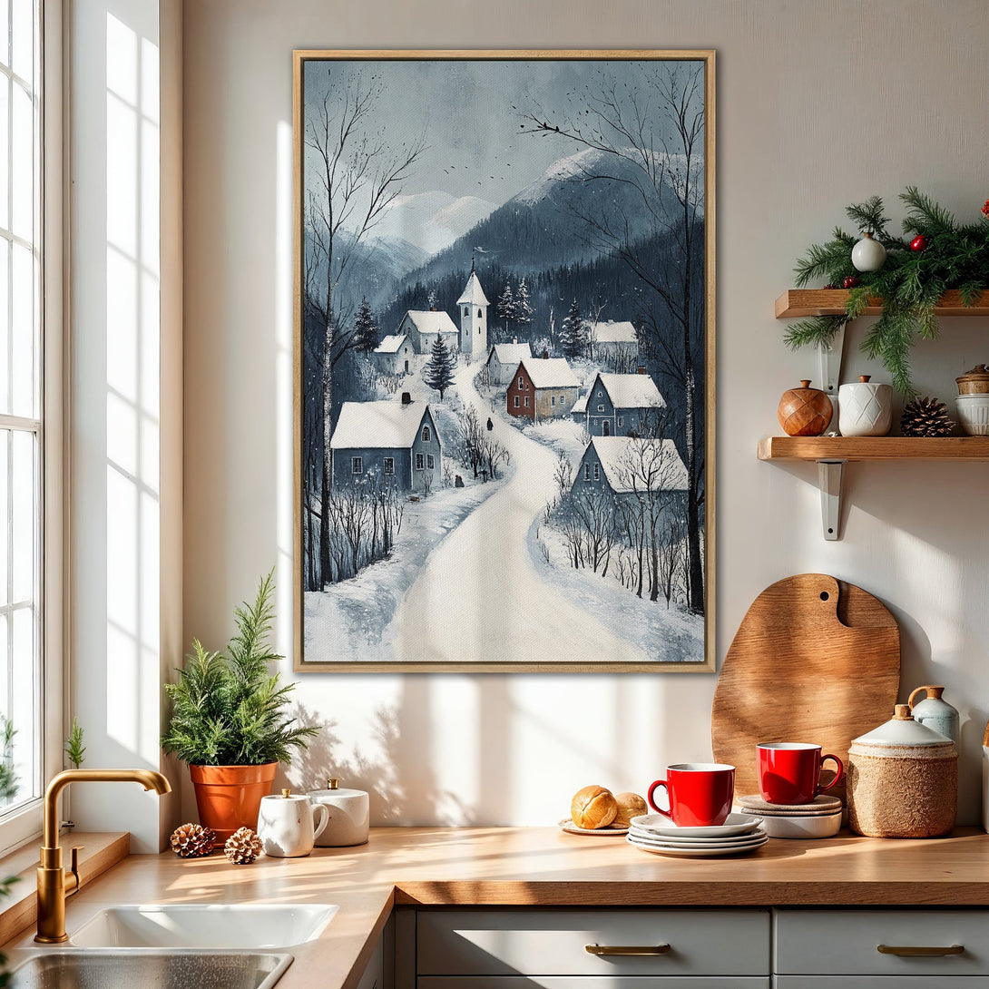 Framed Wall Art featuring a winter village scene in cool blues and grays. Perfect for adding a cozy, artistic touch to your home decor.