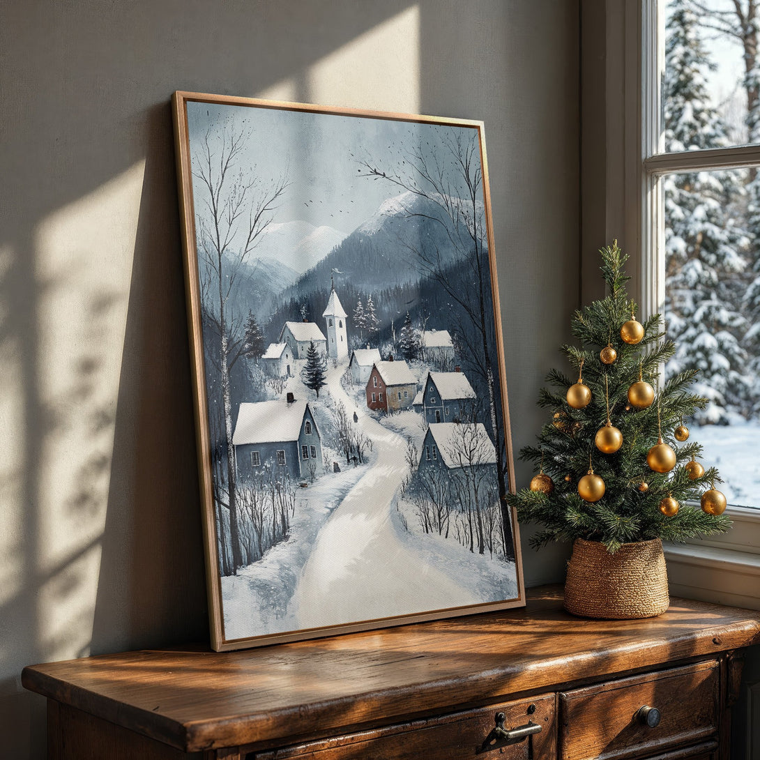Framed Wall Art: Winter village scene in cool blue and gray tones. Perfect for cozy decor! Shop our canvas prints for art that inspires.