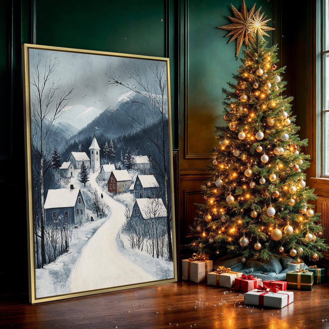 Canvas Print of a serene winter village scene in cool blue and gray tones. Perfect for cozy decor!