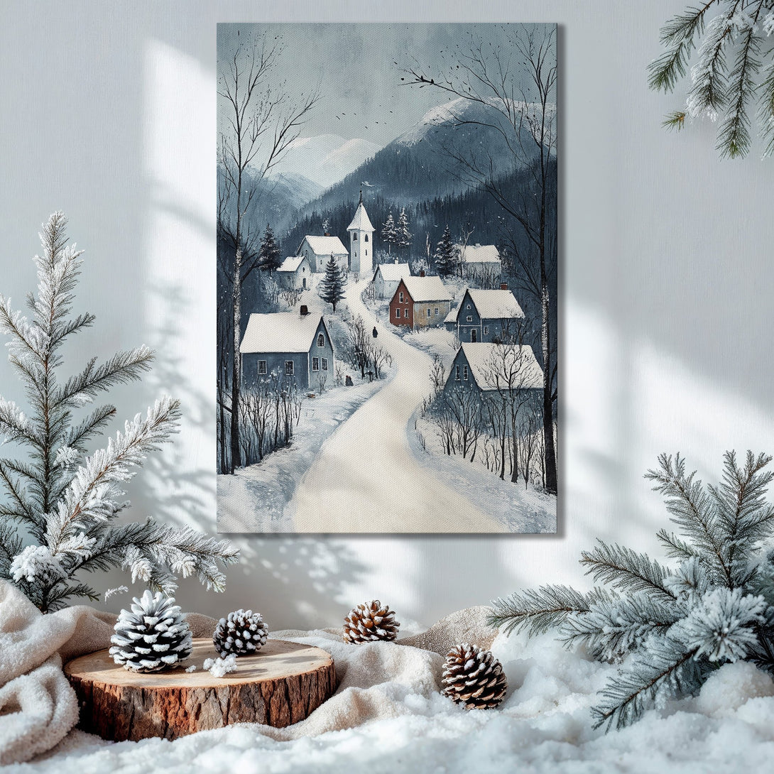 Framed Wall Art: Winter village scene in cool blues & grays. Cozy landscape art perfect for your home. Shop Canvas Prints today!