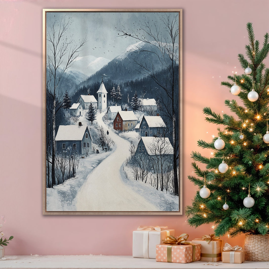 Framed Wall Art: Winter village scene in a blue and gray palette. Cozy landscape art for holiday decor. Perfect for Christmas gifts!