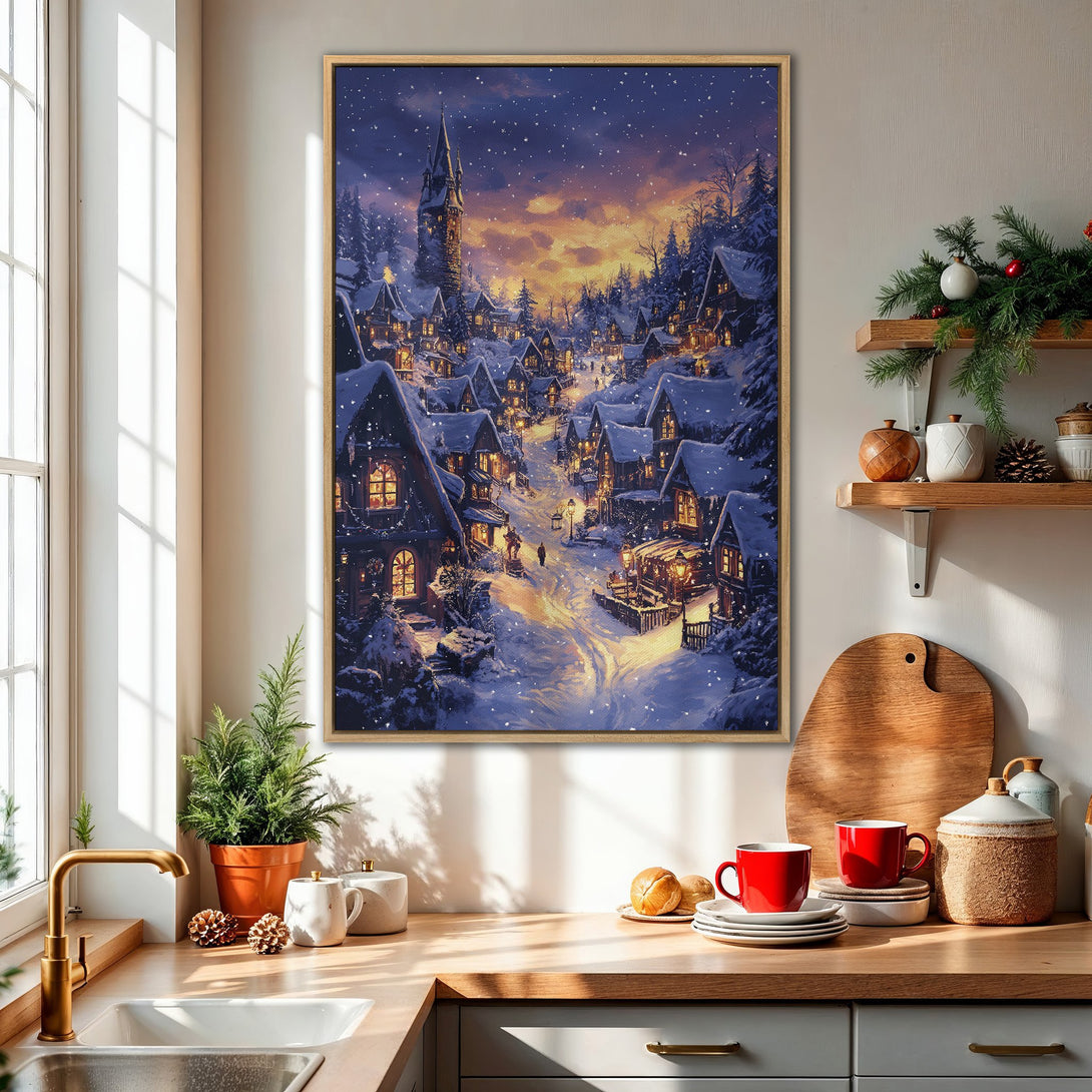 Framed Wall Art of a winter village scene with a snowy, blue and gold color palette. Perfect for cozy home decor.