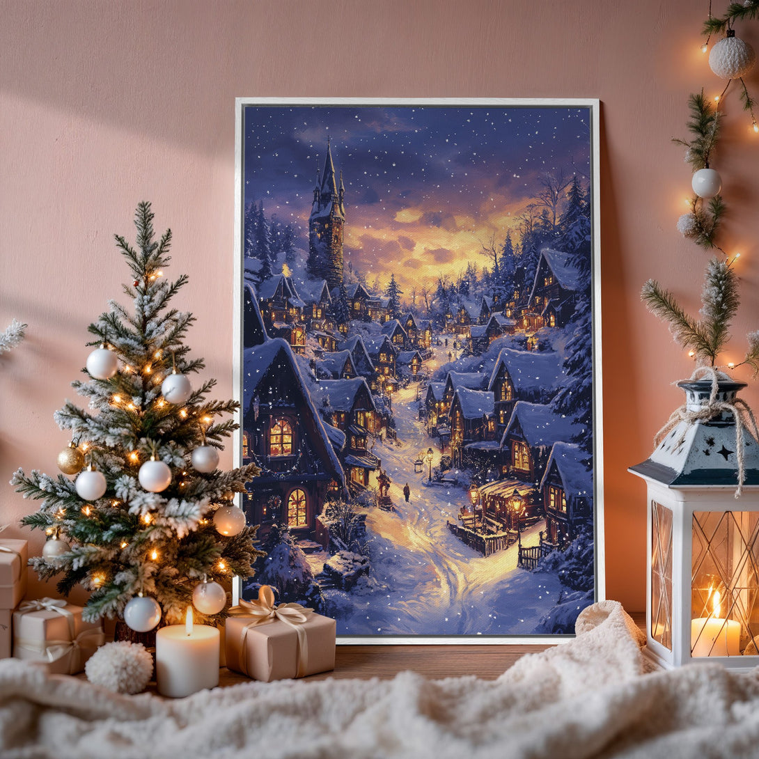 Framed Wall Art: Winter village scene in blue and gold. Cozy artwork for holiday decor. Shop now for a warm and inviting home!