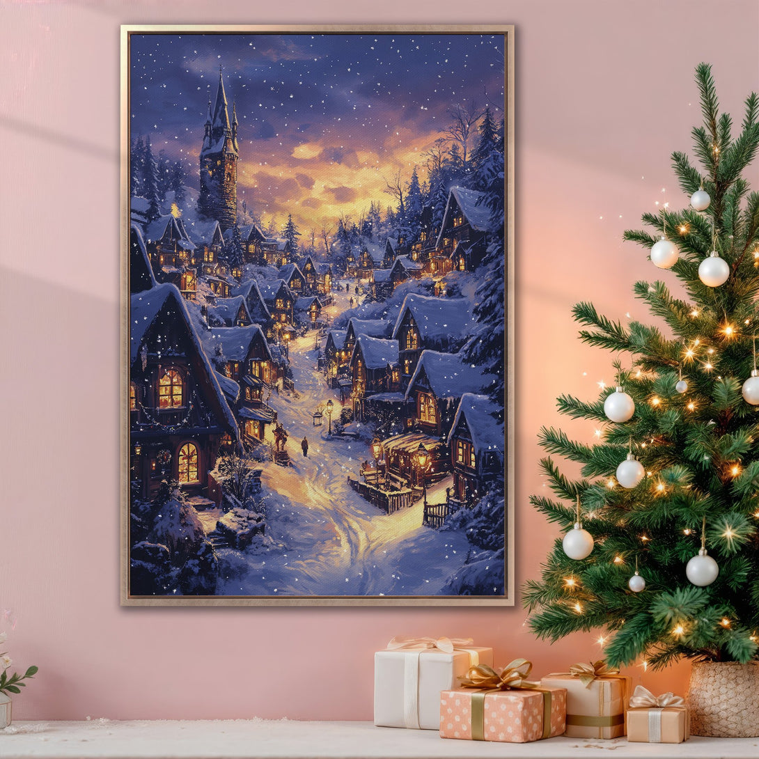 Framed Wall Art: Winter village scene in a warm, inviting style. Snowy landscape with cozy homes and a vibrant sunset color palette. Perfect holiday decor!