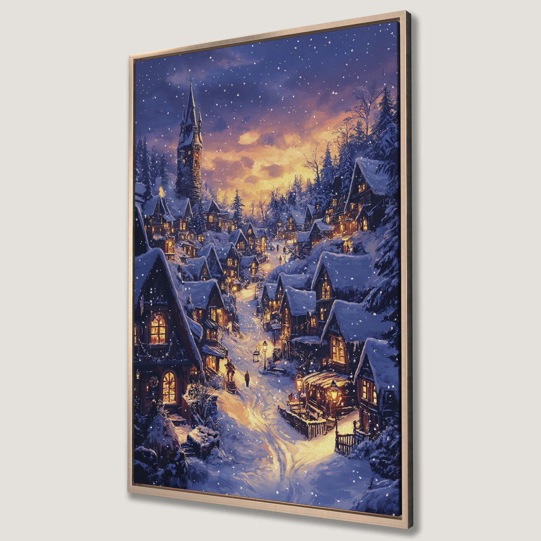 Framed Wall Art: Winter village scene Canvas Print with warm, inviting colors. Cozy, snowy landscape art perfect for holiday decor.