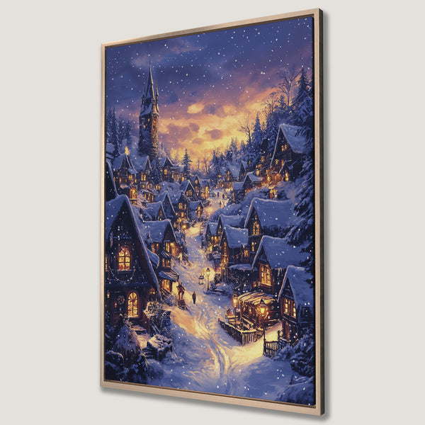 Framed Wall Art: Winter village scene Canvas Print with warm, inviting colors. Cozy, snowy landscape art perfect for holiday decor.