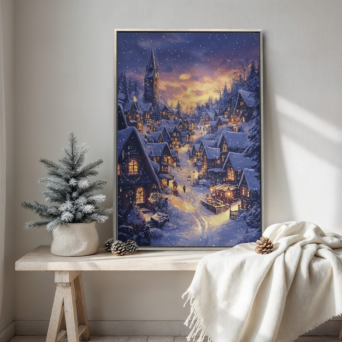 Framed Wall Art featuring a cozy winter village scene. Warm, inviting color palette with blues, golds, and whites. Perfect for adding holiday charm to your home.