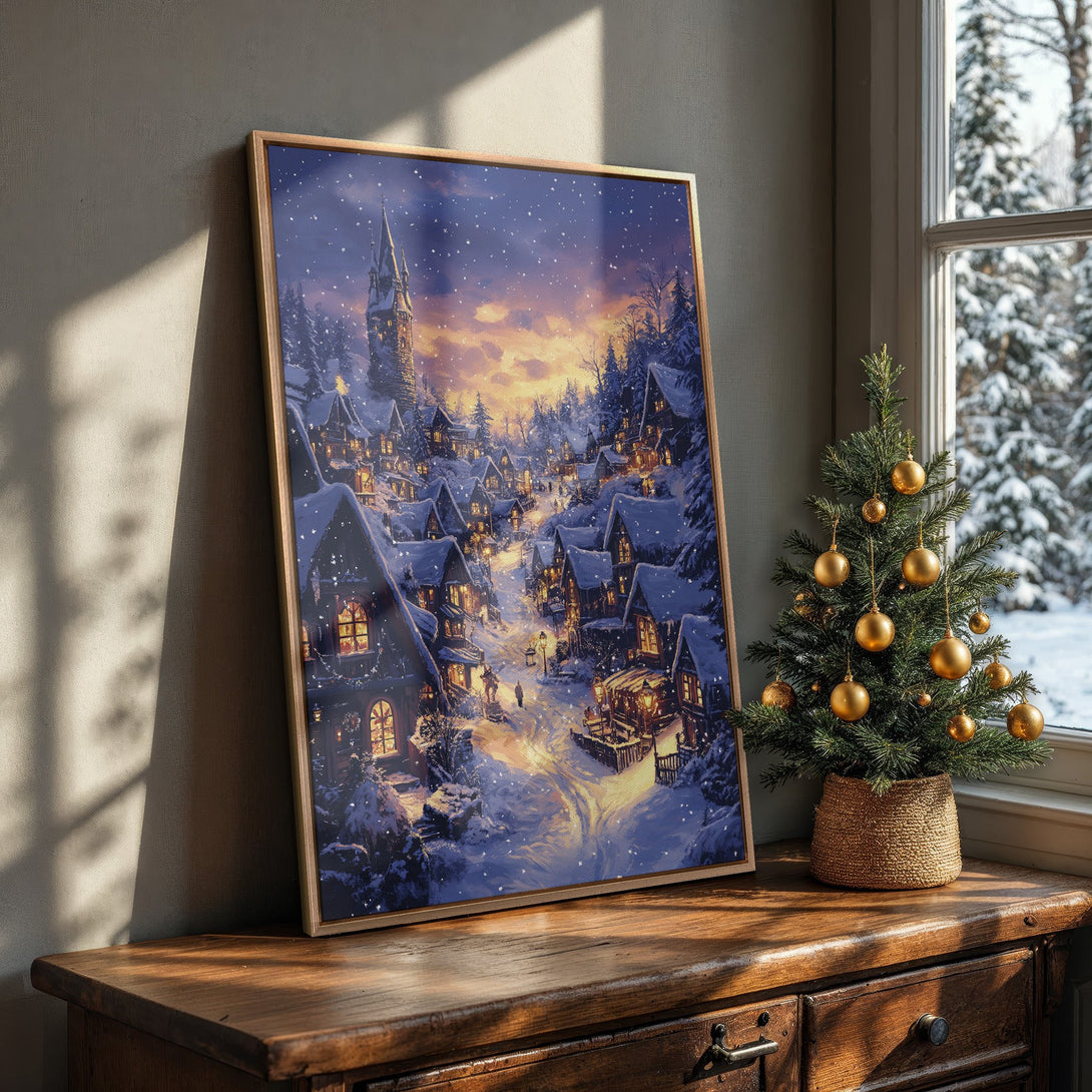 Framed Wall Art: Winter village scene in a cozy interior. Blue, gold, and white color palette. Perfect for Christmas decor and adding warmth to your home.