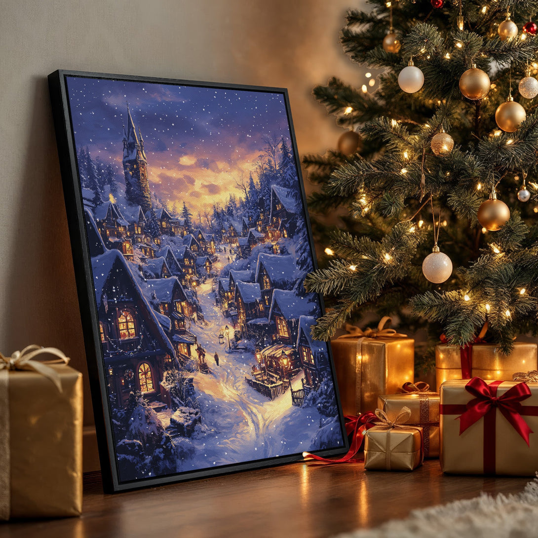 Framed Wall Art: Winter village scene in blue, orange, and white. Cozy artwork for your home. Perfect holiday decor.