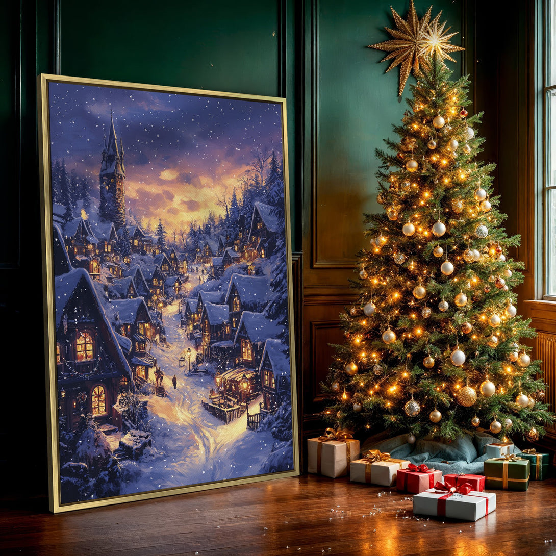 Canvas Print of a snowy village scene in a painterly style, featuring warm golden light against a cool blue and purple palette. Perfect Christmas decor!