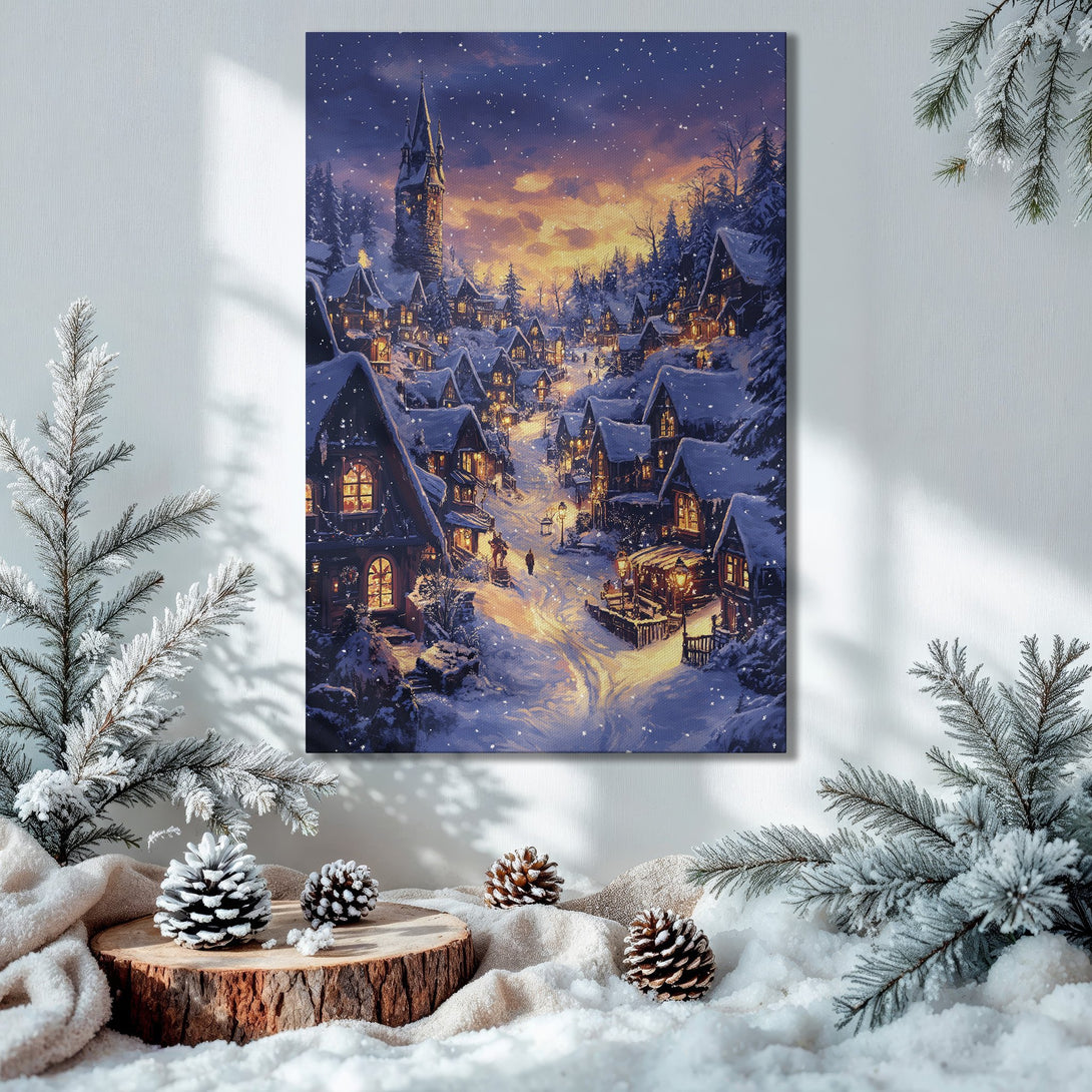 Framed Wall Art: Winter village scene in cool blues & warm golds. Cozy holiday decor, perfect for Christmas. Shop now!