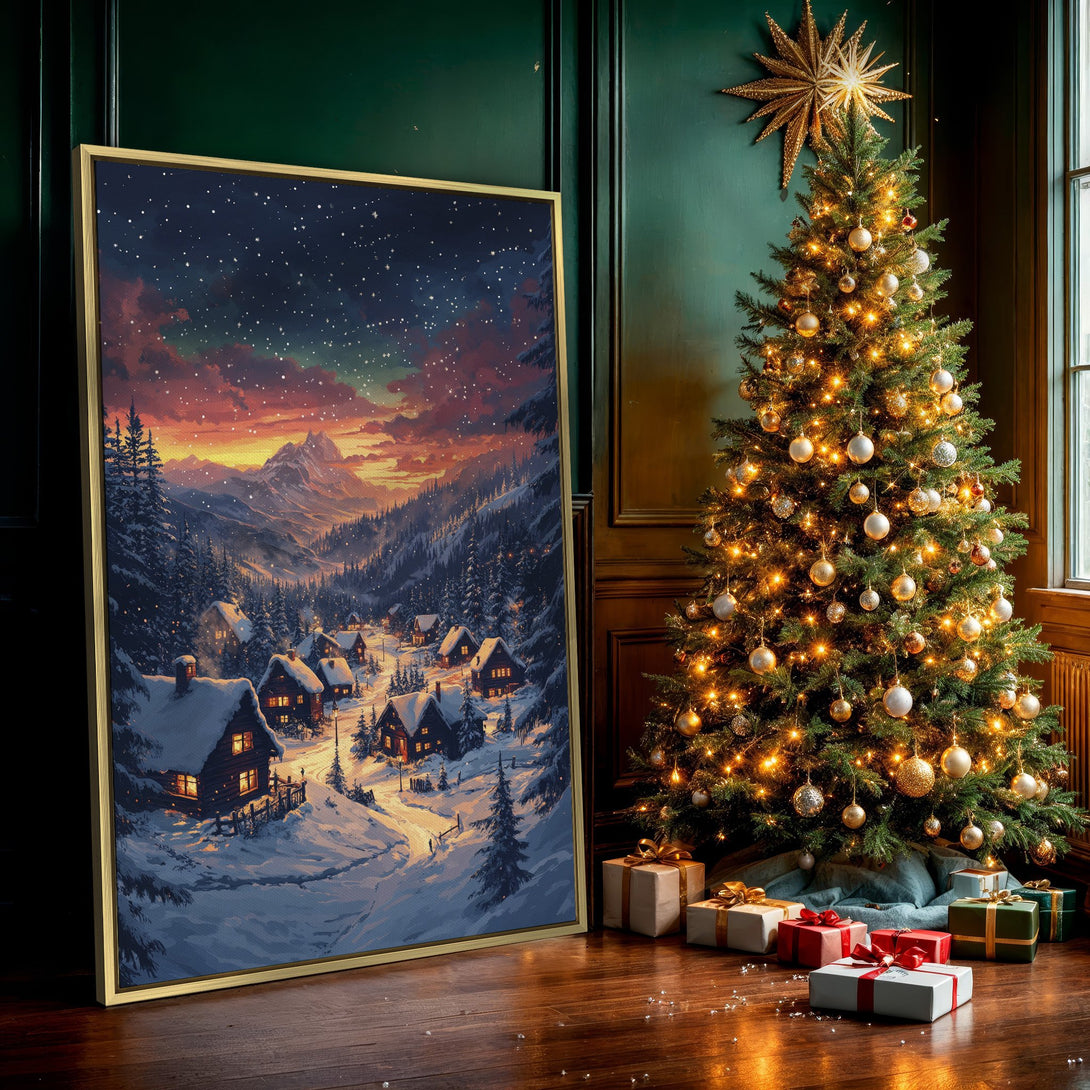 Canvas Print of a winter village scene with a warm sunset sky. Features a cozy, illustrative style with a blue, orange, and white color palette.