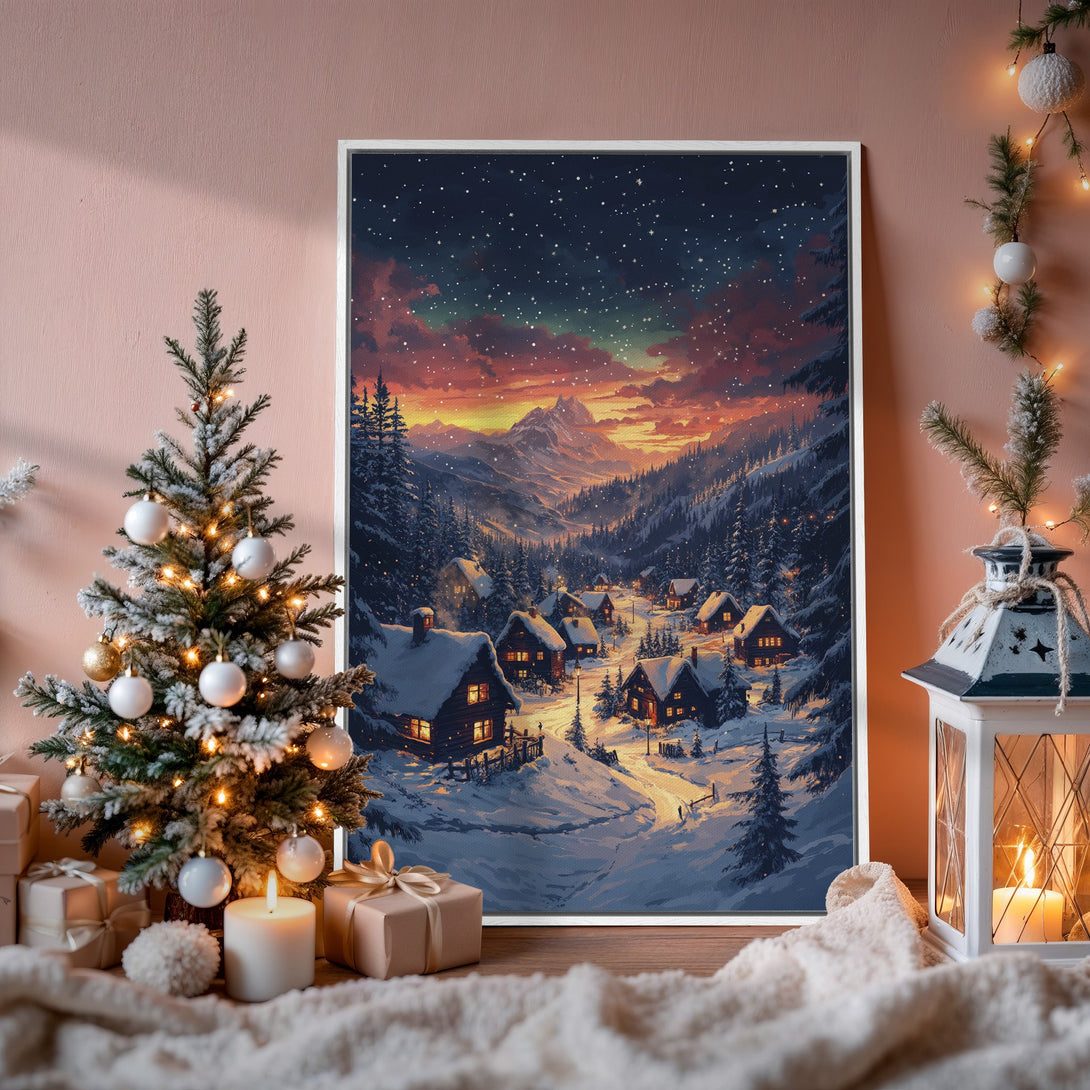 Framed Wall Art: Winter village scene in a cozy interior. Warm sunset hues and snowy landscape create a serene, inviting atmosphere. Perfect holiday decor!