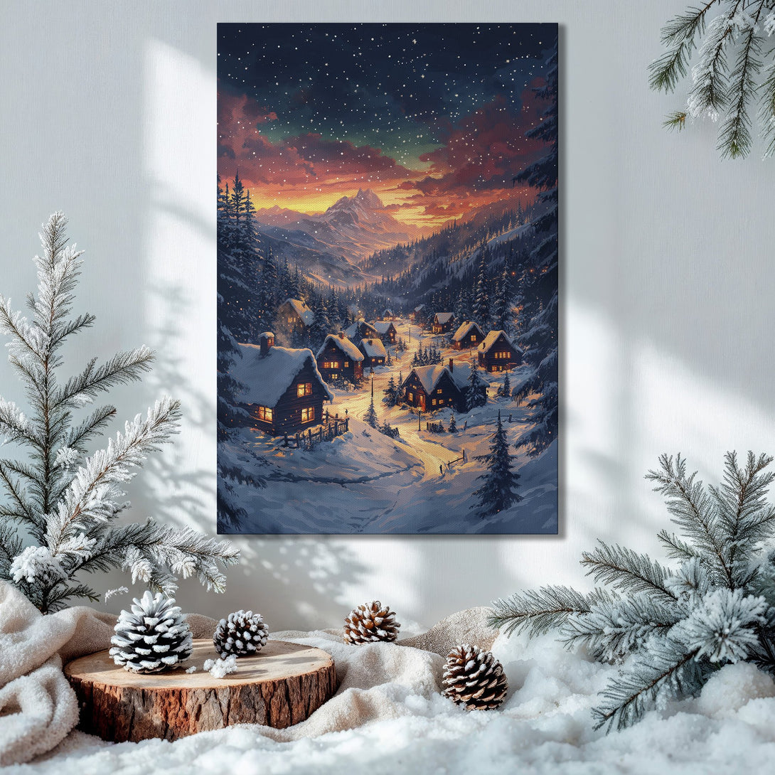 Framed Wall Art: Winter landscape Canvas Print with snowy village, warm sunset colors, and cozy cabin scene. Perfect holiday decor!