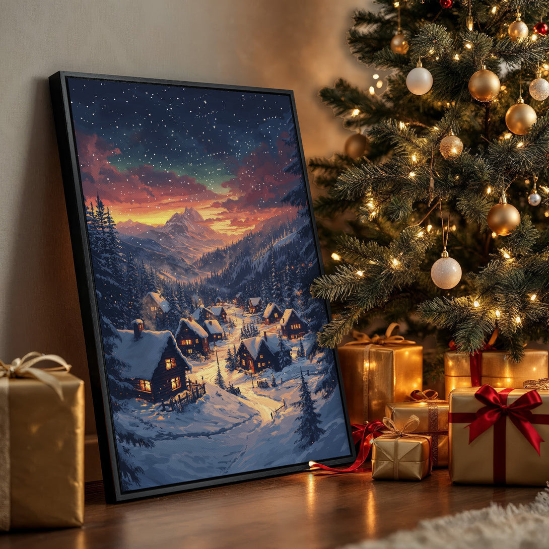 Framed Wall Art: Winter village scene in a warm, inviting style. Features a snowy landscape with a sunset sky. Perfect for cozy holiday decor.