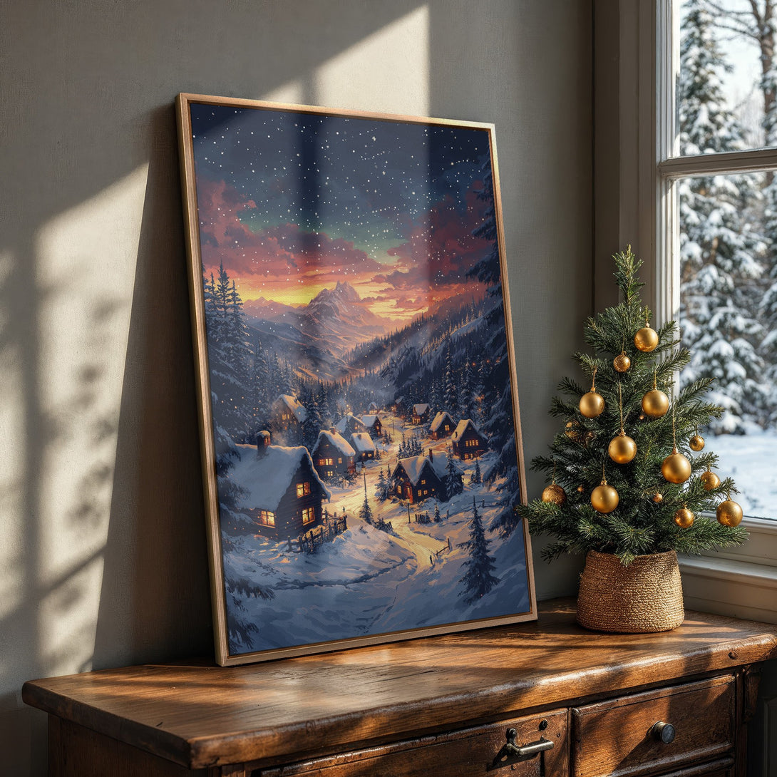 Framed Wall Art: Winter village scene with warm sunset colors. Cozy cabin art in blue, orange, and white palette. Perfect for holiday decor!
