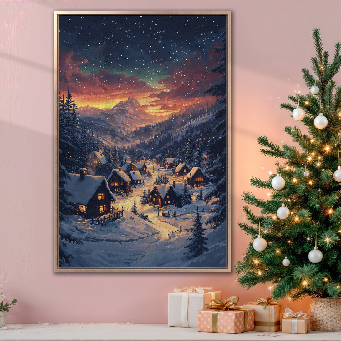 Framed Wall Art: Winter village scene in warm hues. Cozy cabin art with a snowy landscape. Perfect for holiday decor, featuring a starry sky.