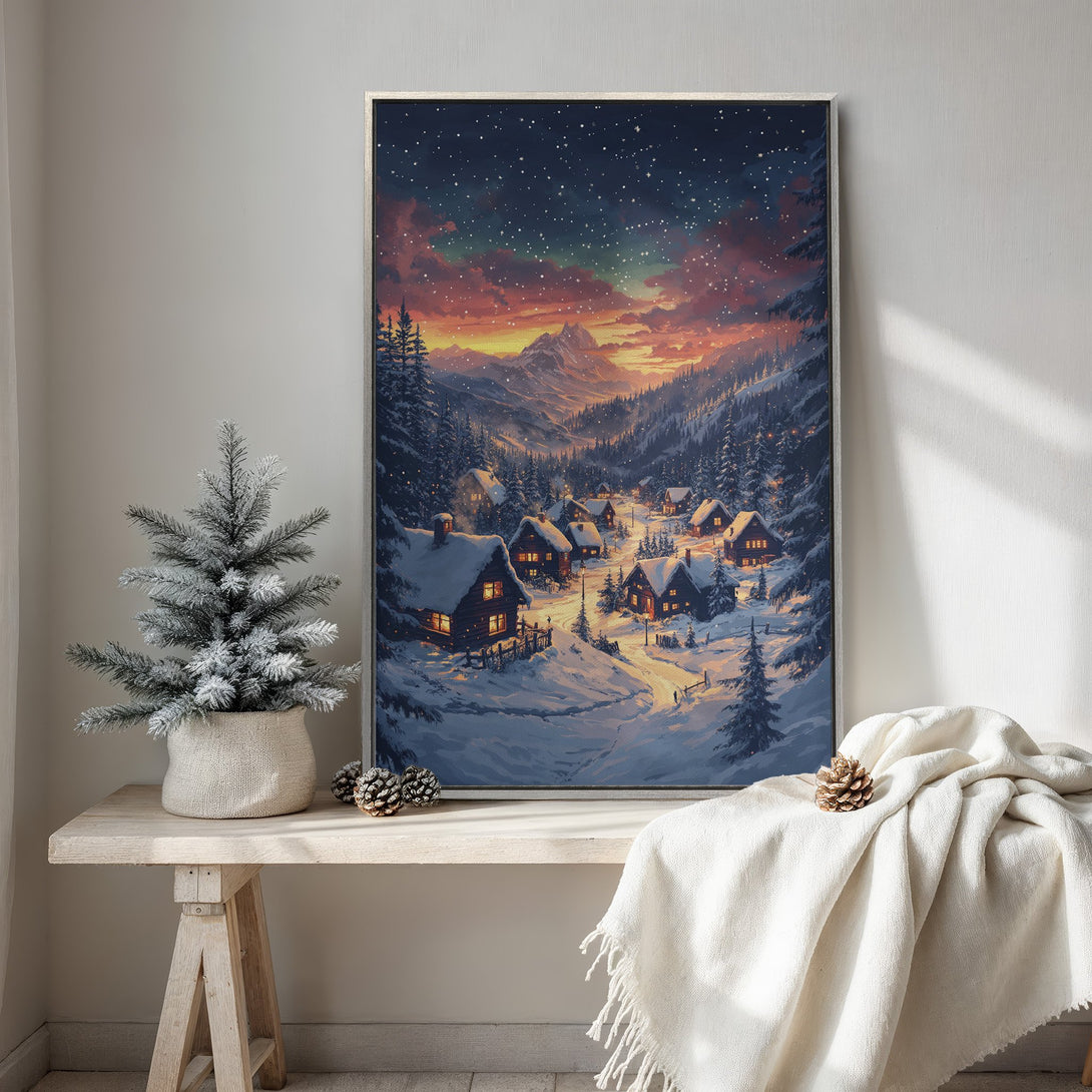 Framed Wall Art: Winter village scene in a cozy, warm color palette. Perfect for adding a touch of winter magic to your home decor. Shop now!