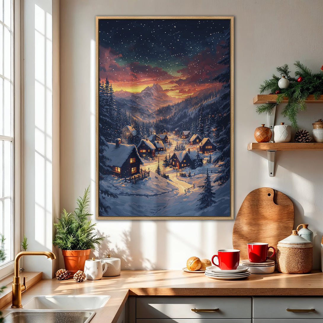 Framed Wall Art: Winter landscape canvas print with a cozy village scene. Warm sunset hues and cool blues create a stunning, artistic addition to any home.