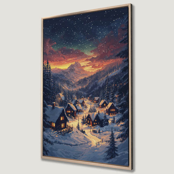 Framed Wall Art: Winter village scene with warm, inviting lights. Stunning landscape art with a vibrant sunset and cool blue tones. Perfect for cozy decor.