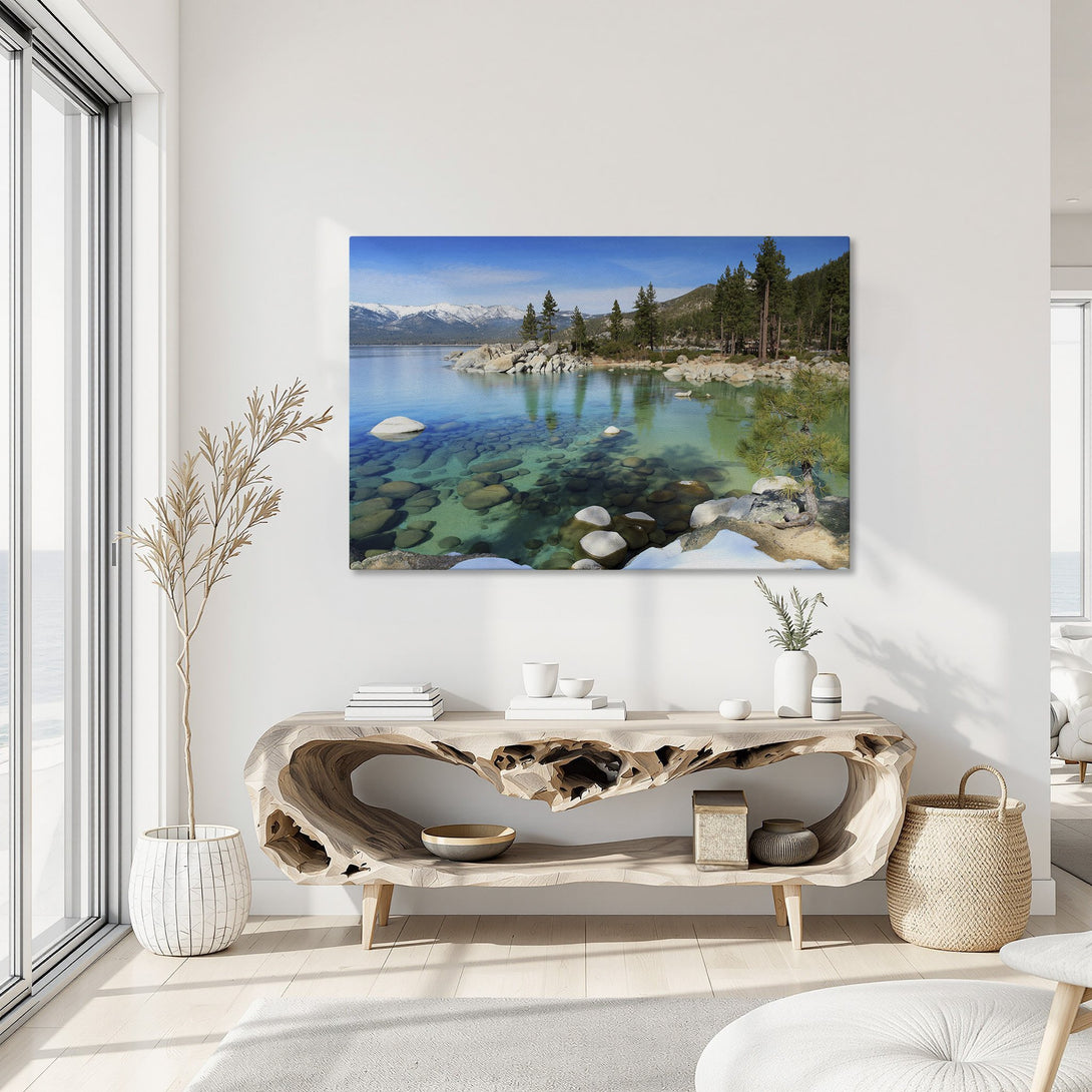 Framed Wall Art: Stunning lake landscape Canvas Print with blue, green, and white hues. Perfect for adding a touch of nature to your home decor.