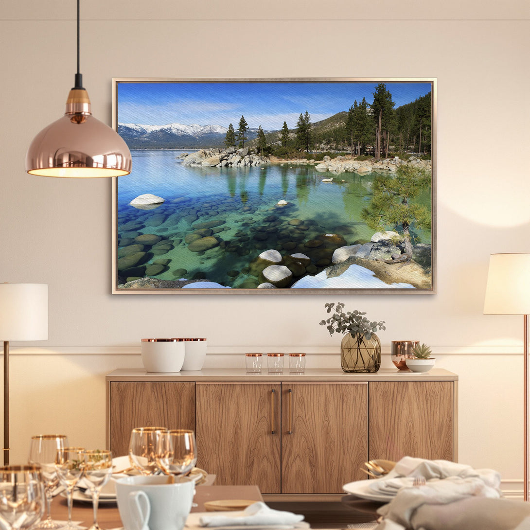 Framed Wall Art: Stunning landscape Canvas Print of a serene lake scene with blue, green, and white hues, perfect for home decor.