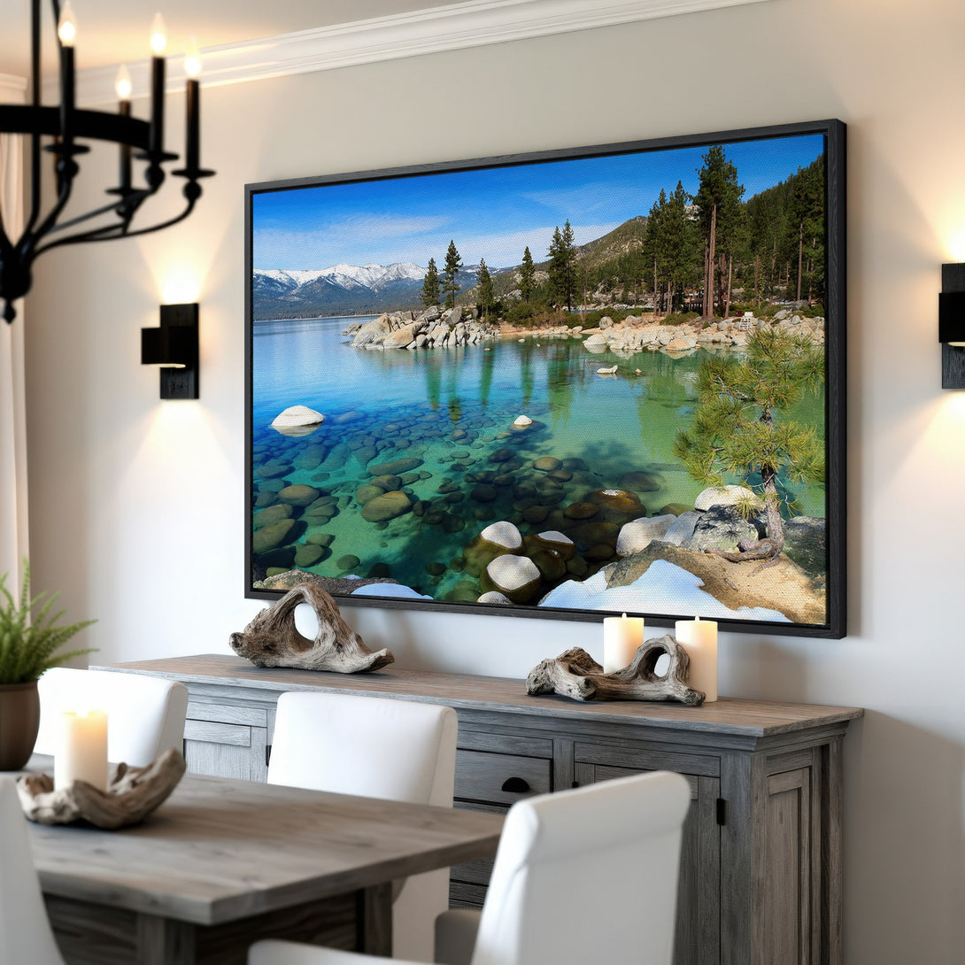Framed Wall Art: Stunning lake landscape Canvas Print with blue, green, and white hues. Perfect for adding a touch of nature and serenity to your home decor.