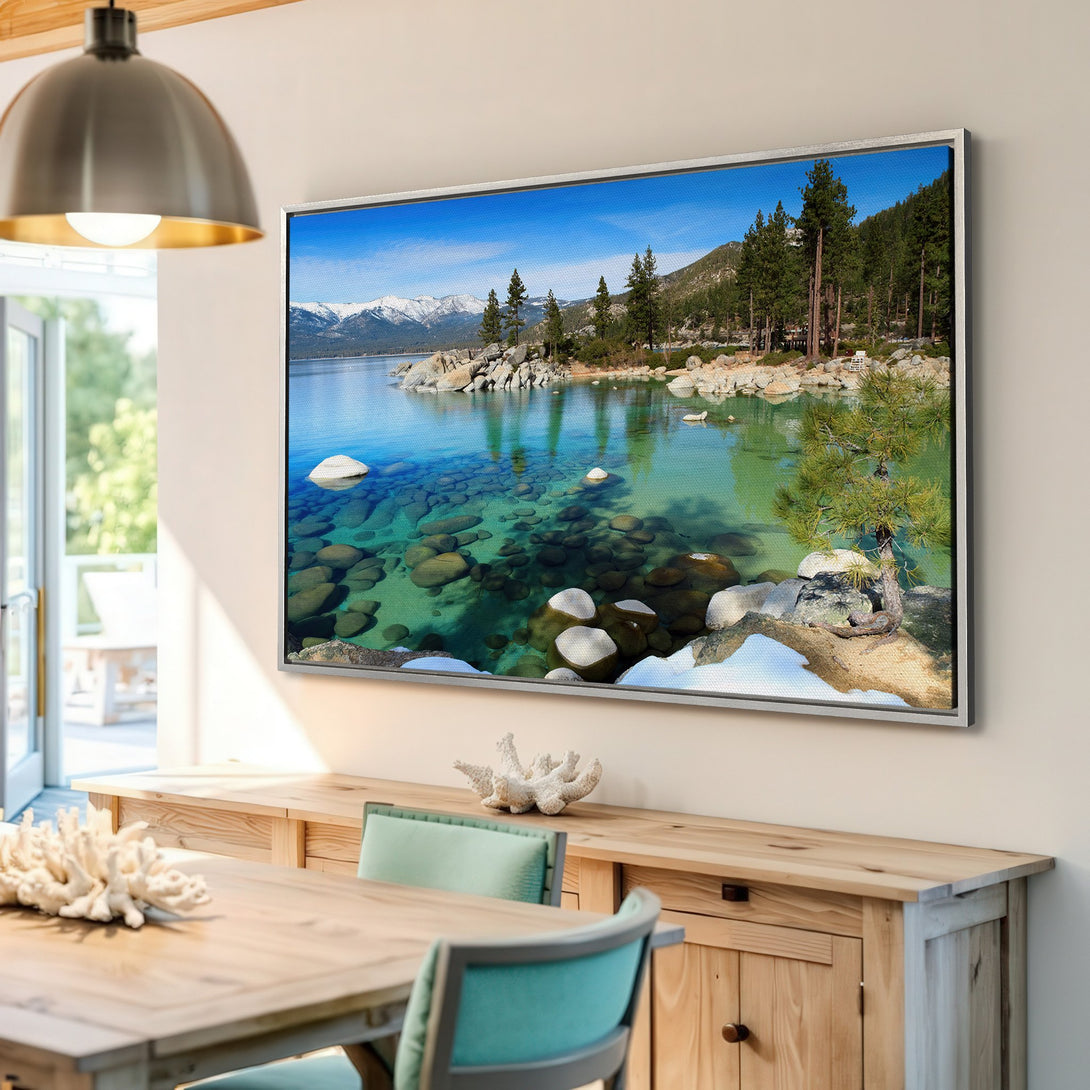 Framed Wall Art: Stunning lake landscape Canvas Print with blue, green, and white hues. Perfect for adding a touch of nature to your home decor.