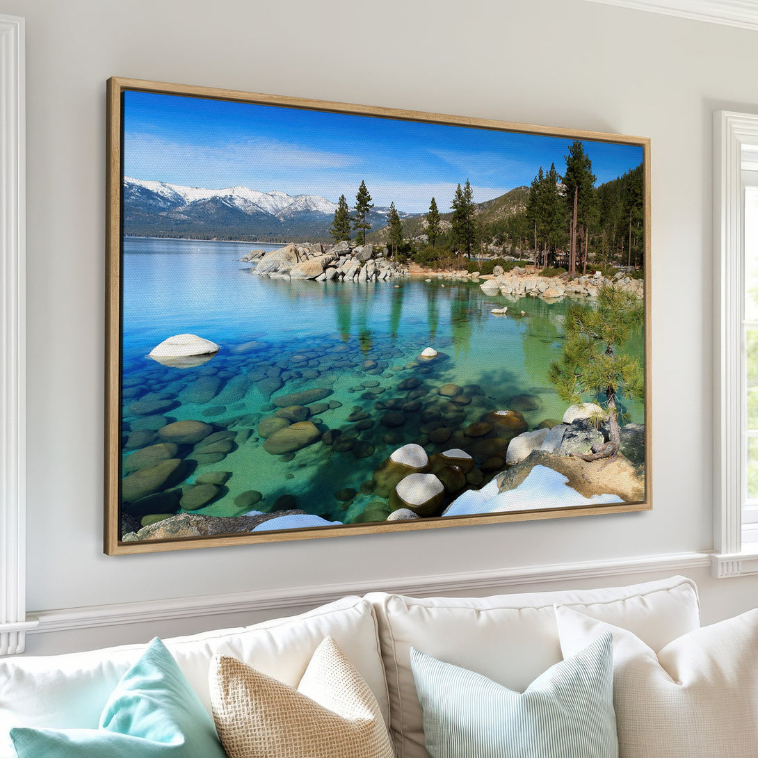 Framed Wall Art: Stunning lake landscape Canvas Print with turquoise water, mountains, and a vibrant blue sky. Bring nature's beauty into your home!