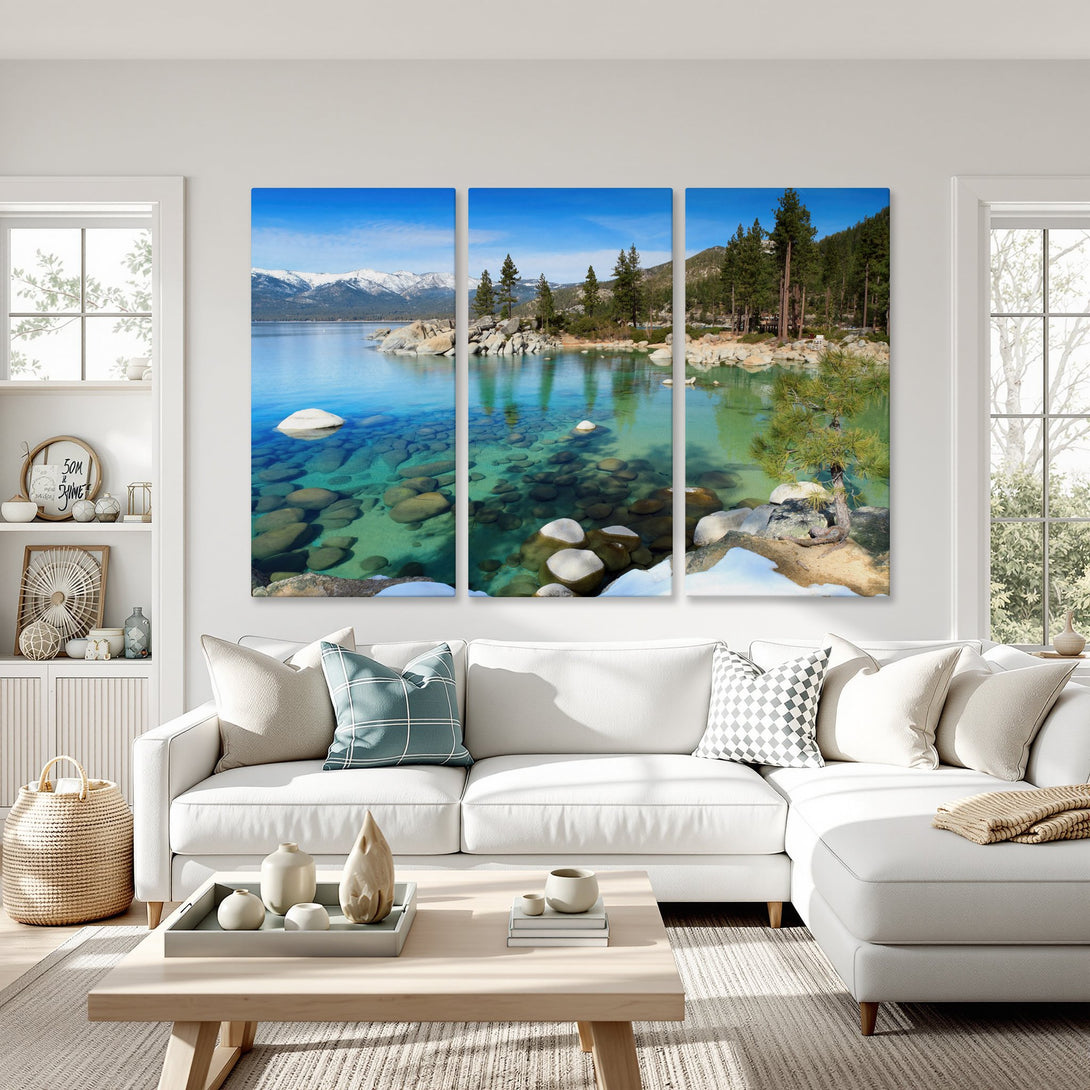 Canvas Print of a serene lake landscape with vibrant blue and green hues. Modern wall art for a calming interior.