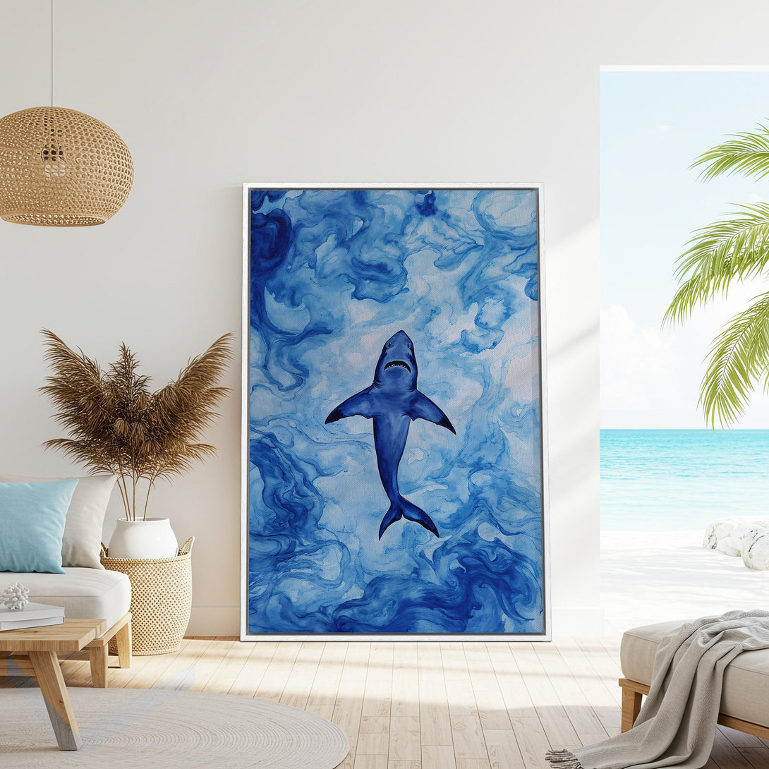 Framed Wall Art: Abstract shark art in blue hues. Coastal decor for your home. Modern canvas print with ocean-inspired style.