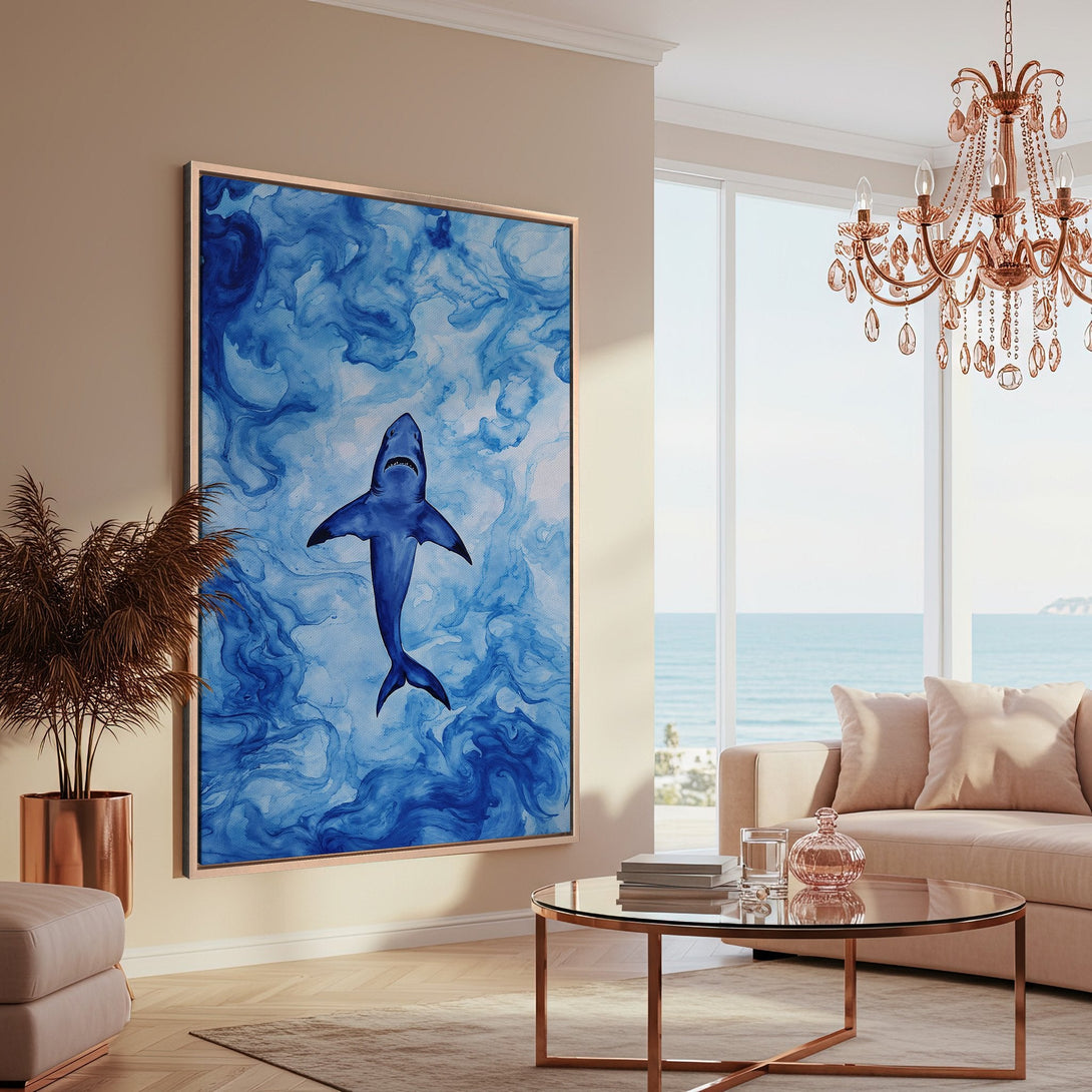 Framed Wall Art: Blue watercolor shark canvas print. Coastal style art with a blue and white color palette, perfect for a modern living room.