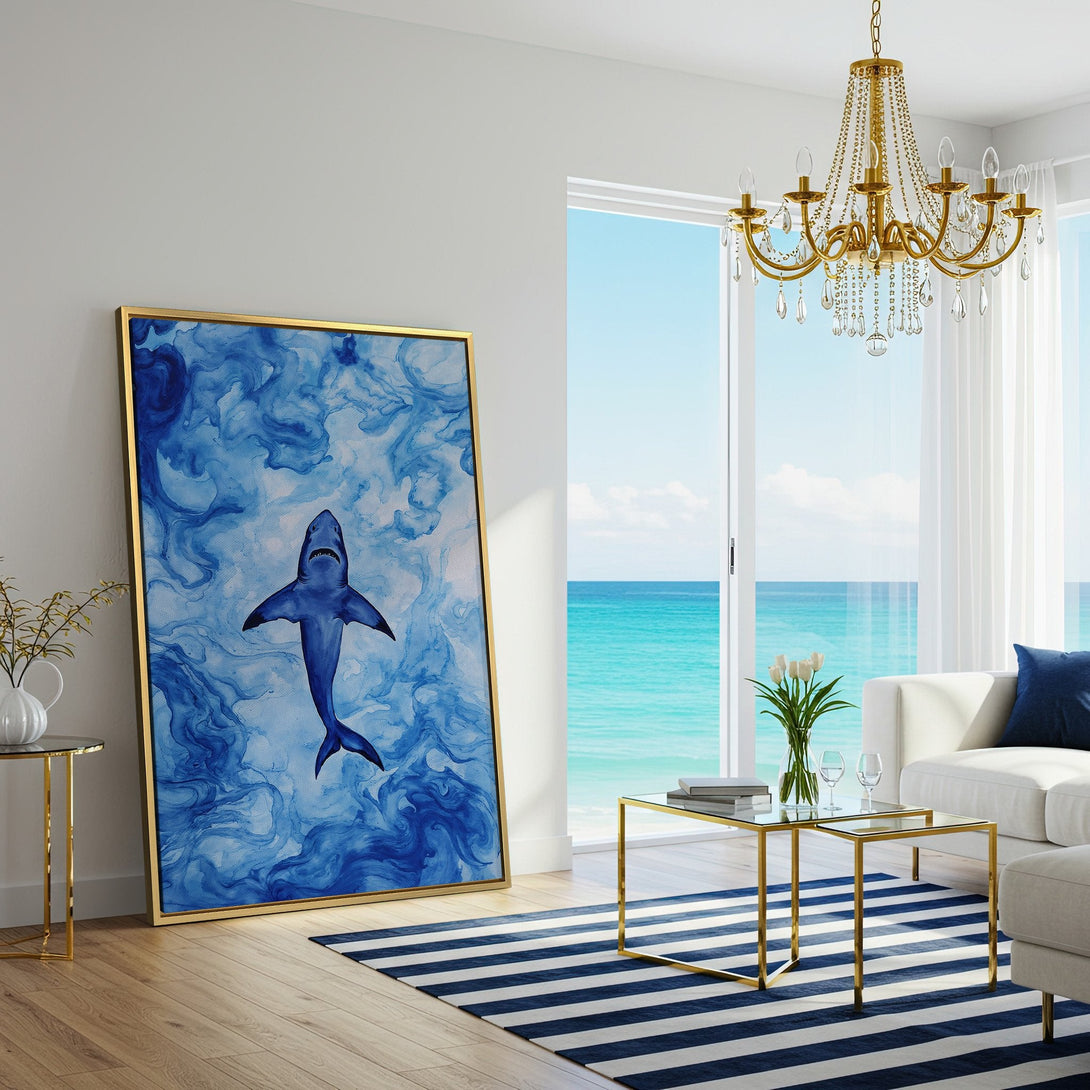 Canvas Print featuring a blue watercolor shark in an abstract ocean. Coastal wall art, perfect for a modern living room. Blue and white color palette.