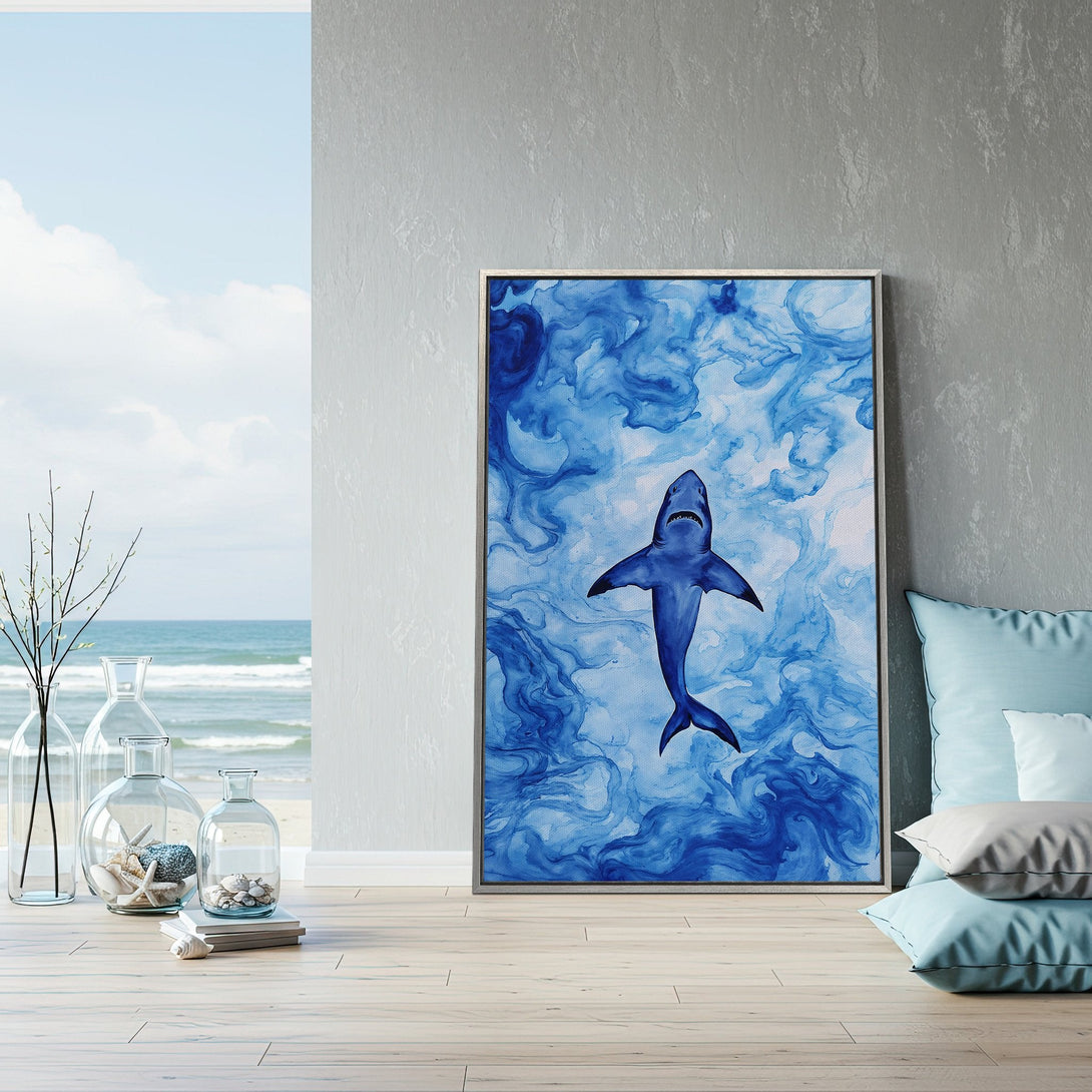 Framed Wall Art featuring a blue watercolor shark. Coastal decor with a cool blue palette. Perfect for a modern beach house vibe.
