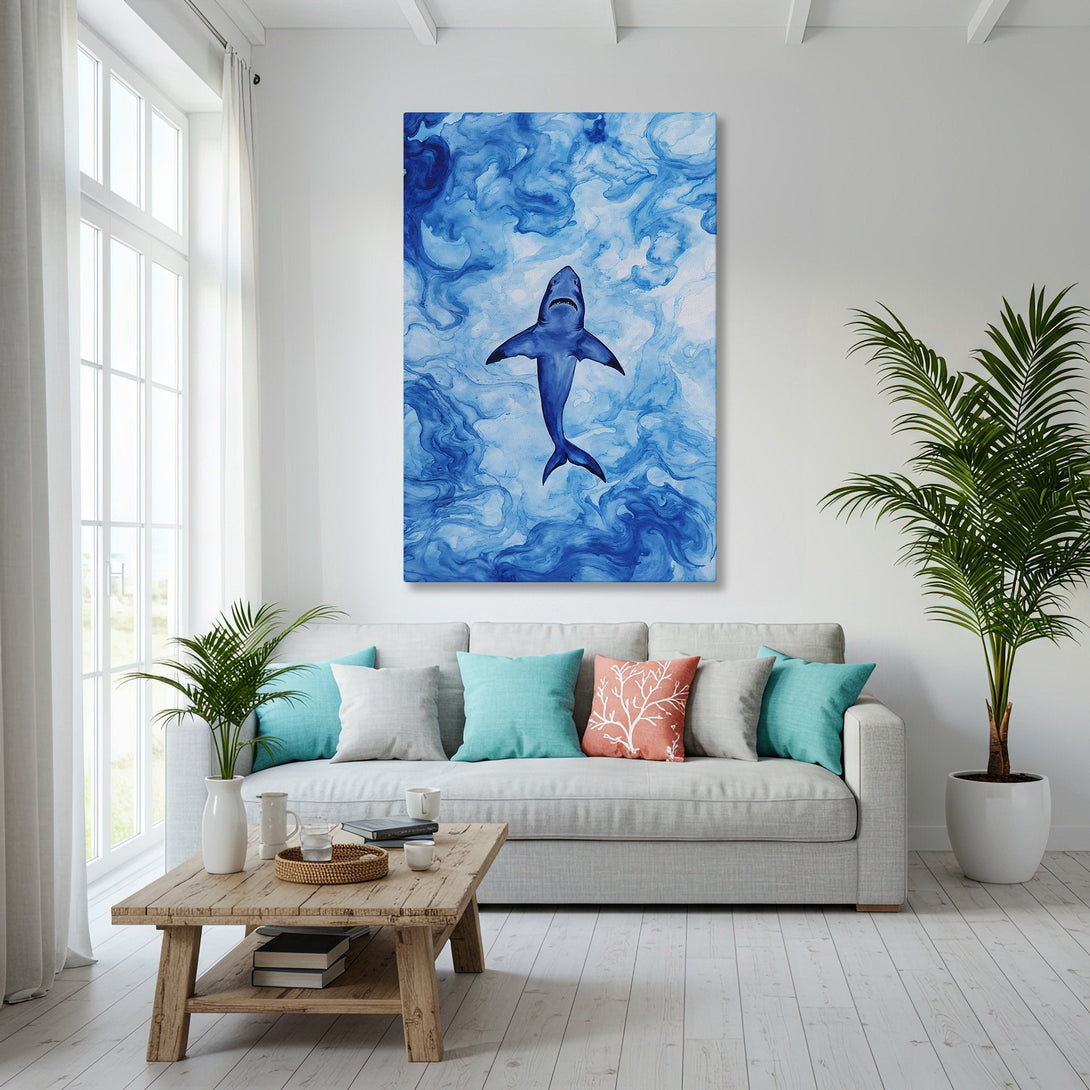 Framed Wall Art featuring a blue watercolor shark. Coastal decor with a calming blue palette, perfect for a modern living room.