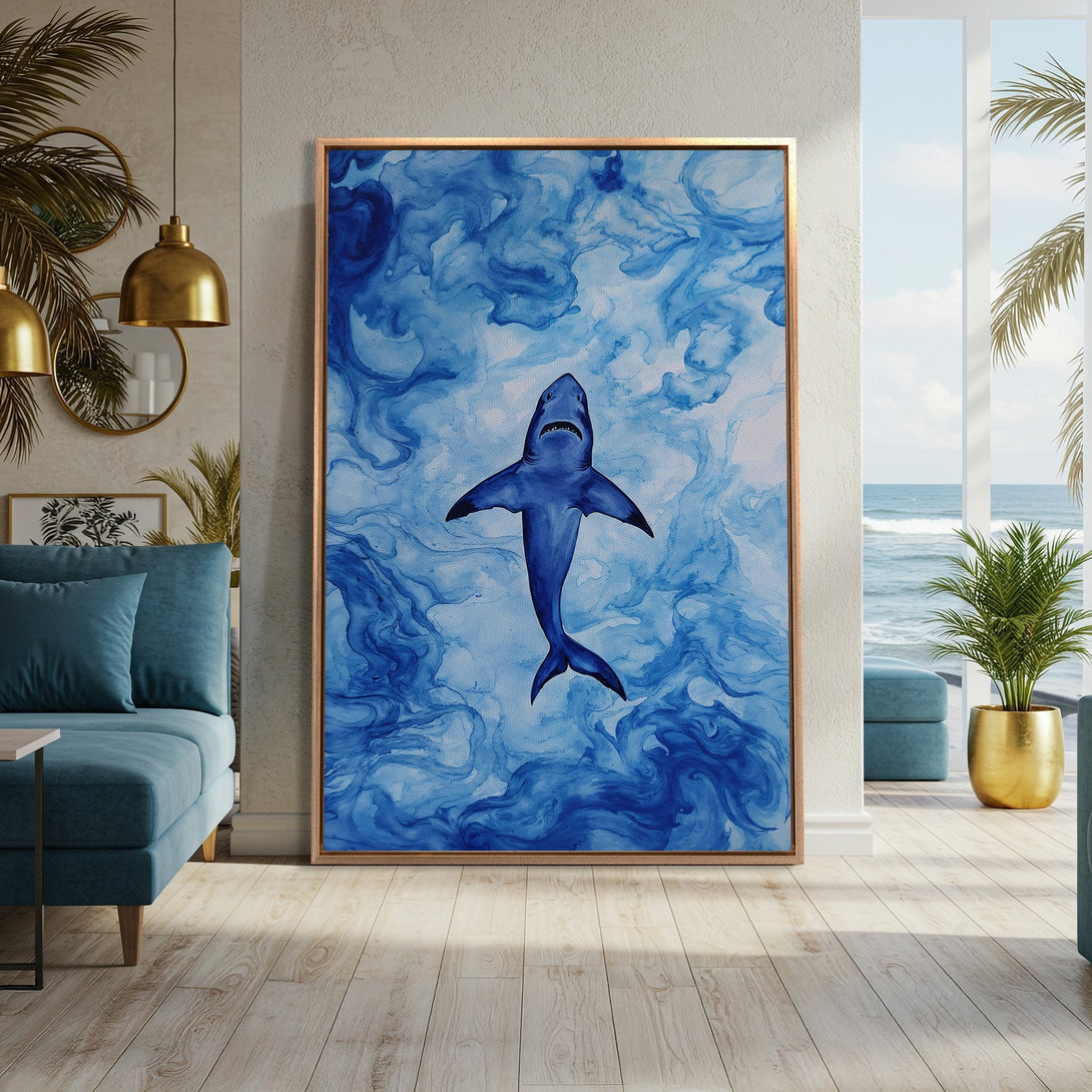 Framed Wall Art: Abstract blue shark painting in a modern interior. Ocean-inspired artwork with a calming blue color palette, perfect for coastal decor.