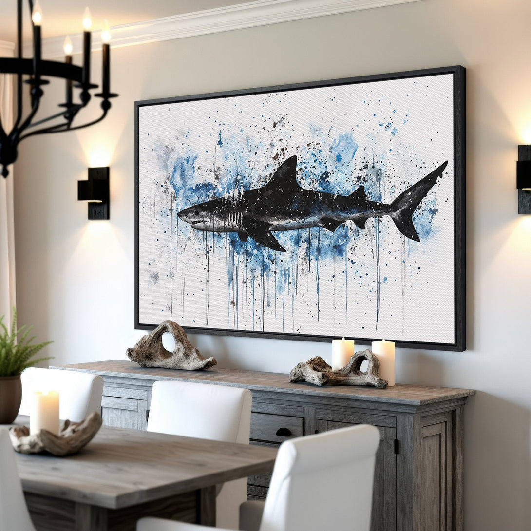 Framed Wall Art: Watercolor shark print in blue and black. Modern coastal decor for your dining room. Enhance your space with this stunning Canvas Print!