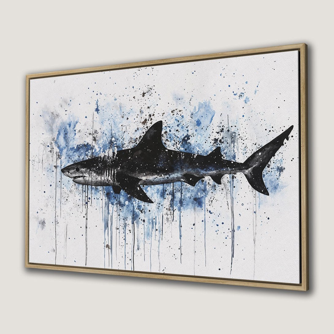 Framed Wall Art: Watercolor shark in black and blue. Modern coastal decor. Ocean-themed Canvas Print for your home.