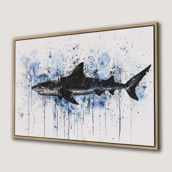 Framed Wall Art: Watercolor shark in black and blue. Modern coastal decor. Ocean-themed Canvas Print for your home.